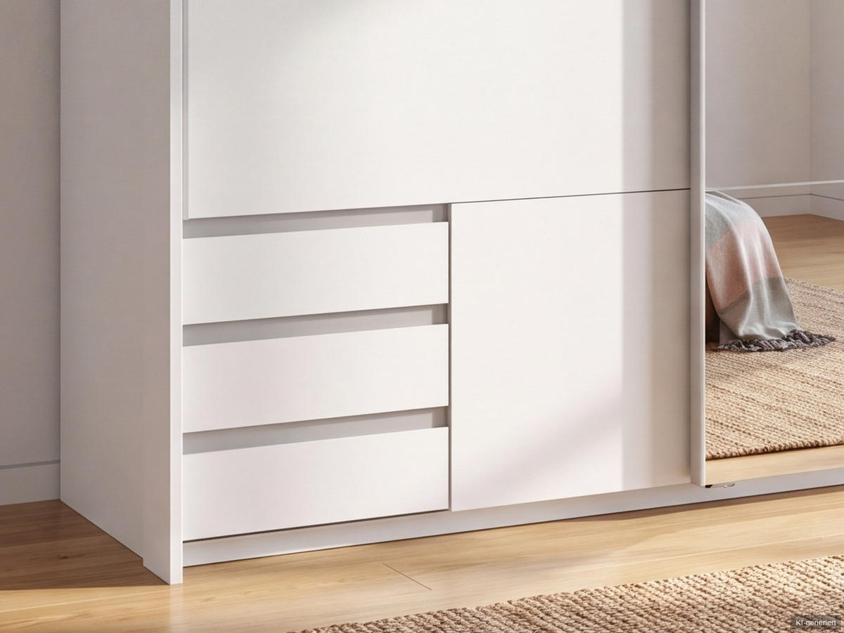 SCHWEBETÜRENSCHRANK 2-türig B183/H200/T65 cm, Passepartout-Kleiderschrank in Weiß mit sichtbaren Schubkästen & Spiegel / 22709 - Alufarben/Weiß, Holz/Holzwerkstoff (183/200/65cm) - luma-home