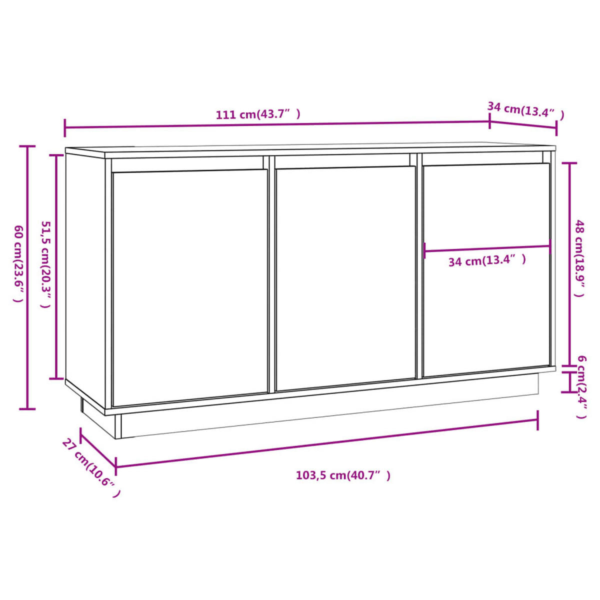SIDEBOARD Weiss 111/34/60 Cm Massivholz Kiefer - Weiß, Holz (34/60/111cm) - vidaXL
