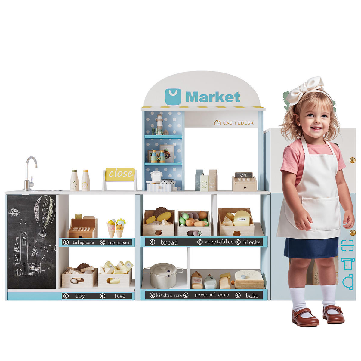 KINDER Kaufladen Spielset Blau – mit Regal, Kühlschrank, Kreidetafel & Zubehör, Holz/Kunststoff, Lernspielzeug ab 3 Jahren - Blau, Holzwerkstoff (155/30/107.5cm) - Ej. Life