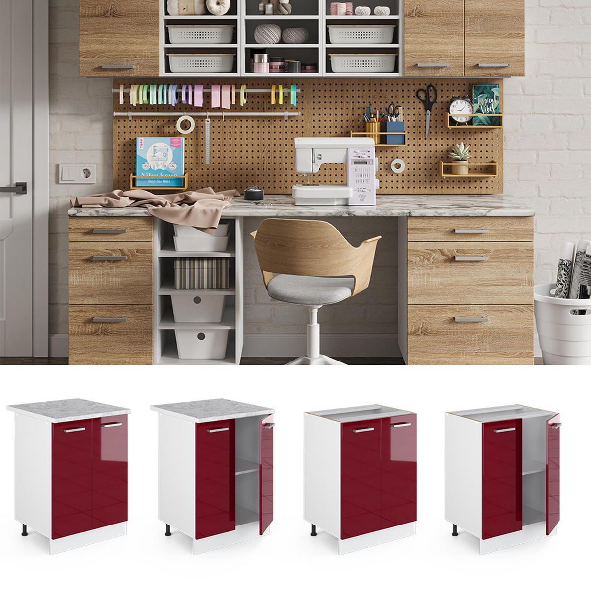 UNTERSCHRANK R-Line Bordeaux Hochglanz 60 cm mit Türen mit Arbeitsplatte - Bordeaux/Weiß, Holzwerkstoff (60/81.6/60cm) - Vicco