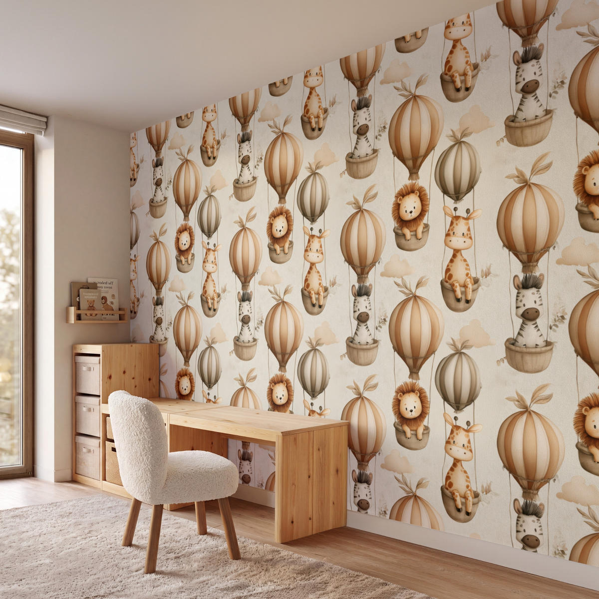KINDERTAPETE - Safari - Heißluftballons - Taupe - 350x240 cm - Beige, Papier (350/240cm) - OnlyWow
