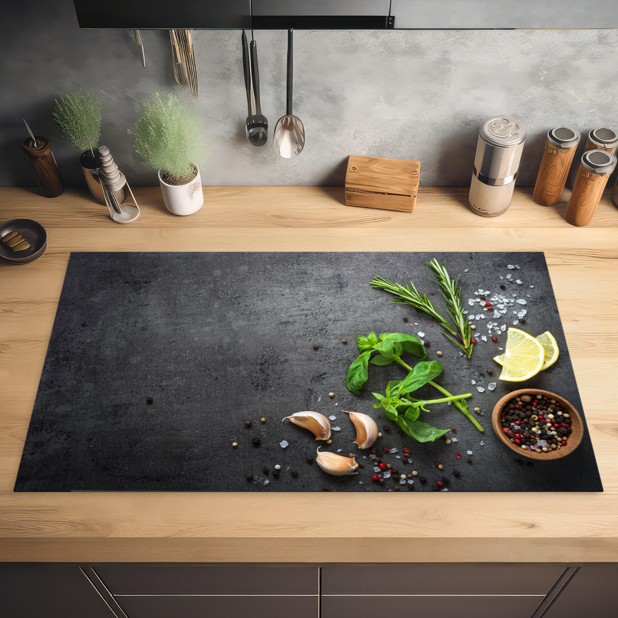 HERDABDECKPLATTE Limette - Kräuter - Gewürze - Grün - Grau - Beton 90x52 cm - Grün, Kunststoff (90/0.2/52cm) - MuchoWow