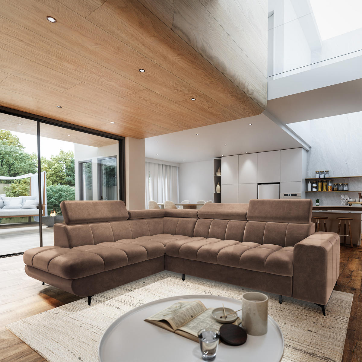 ECKSOFA MORIVA L-S Beige Velours-Stoff mit Schlaffunktion - Beige, Holz (253/190cm) - MASSENO