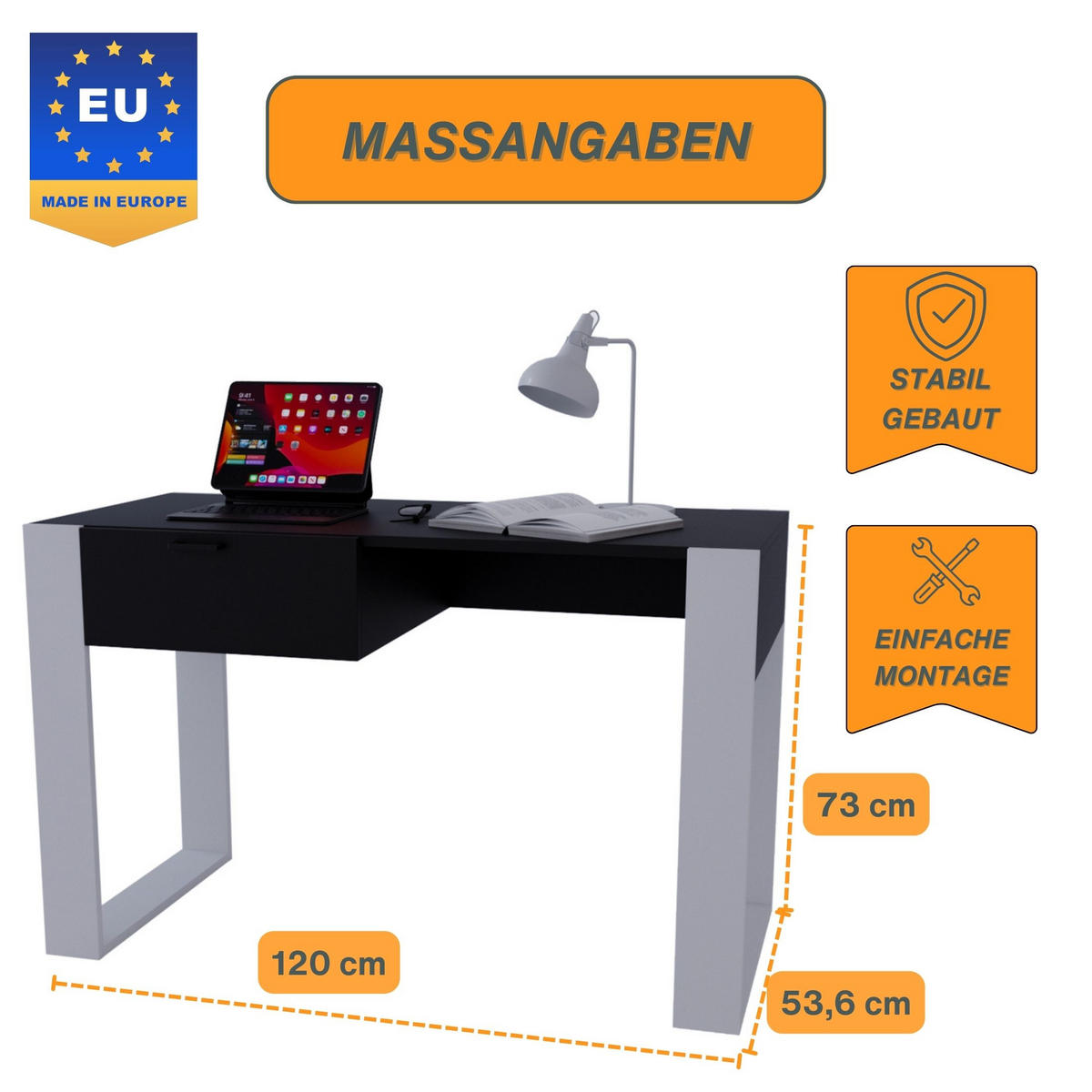 SCHREIBTISCH Schwarz 120/73/53,6 cm - Schwarz/Weiß, Holzwerkstoff (53.6/120/73cm) - CraftPAK