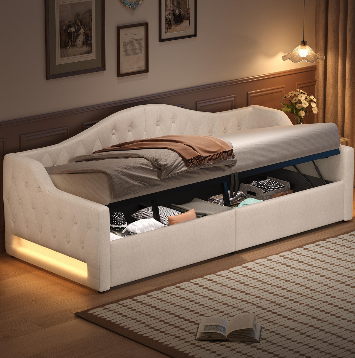 POLSTERBETT 90/200 cm Beige mit Stauraum und LED-Beleuchtung - Beige, Holzwerkstoff (90/200cm) - Flora Grace