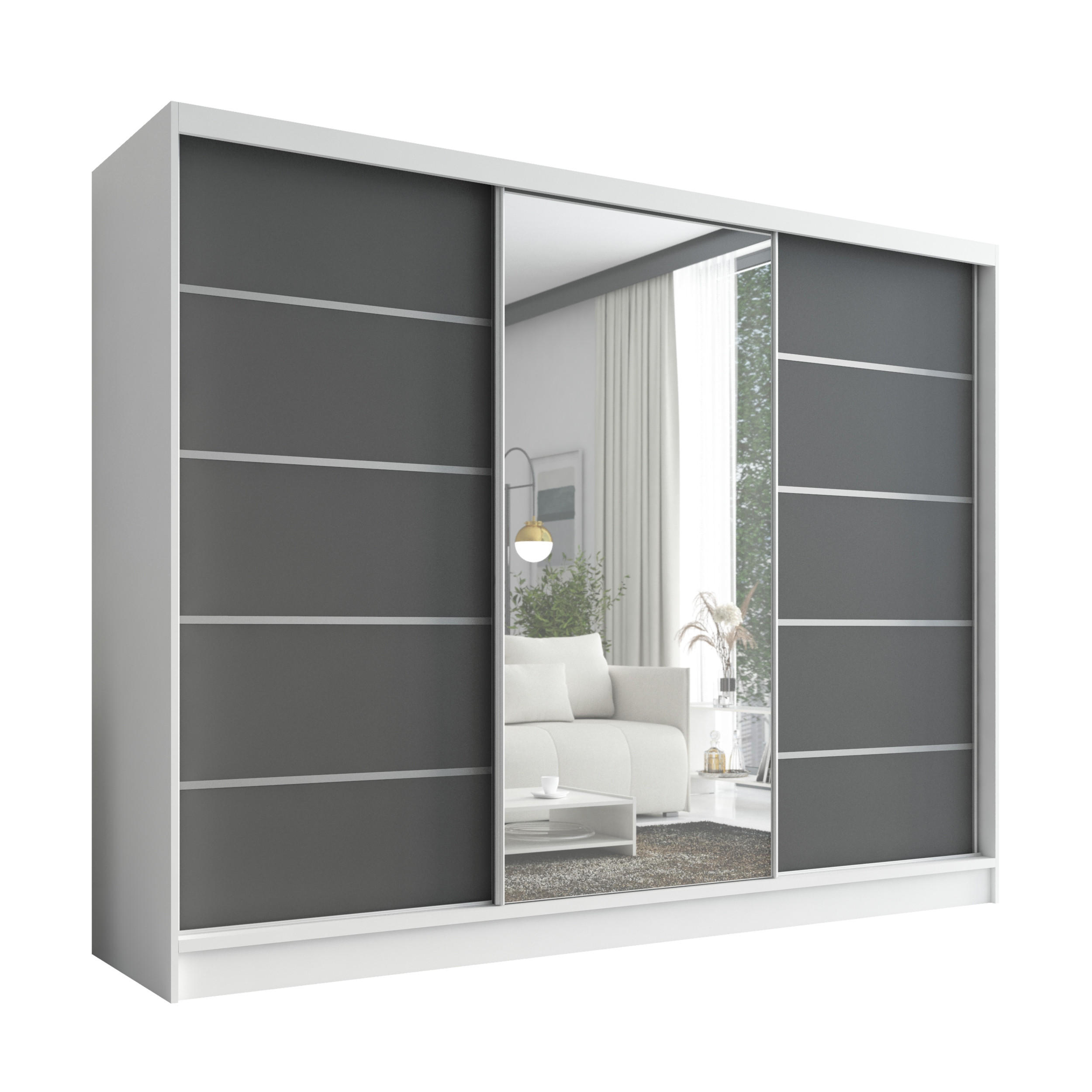 A&J MöbelLand SCHWEBETÜRENSCHRANK Weiß, Graphit 200cm × 60cm × 215cm