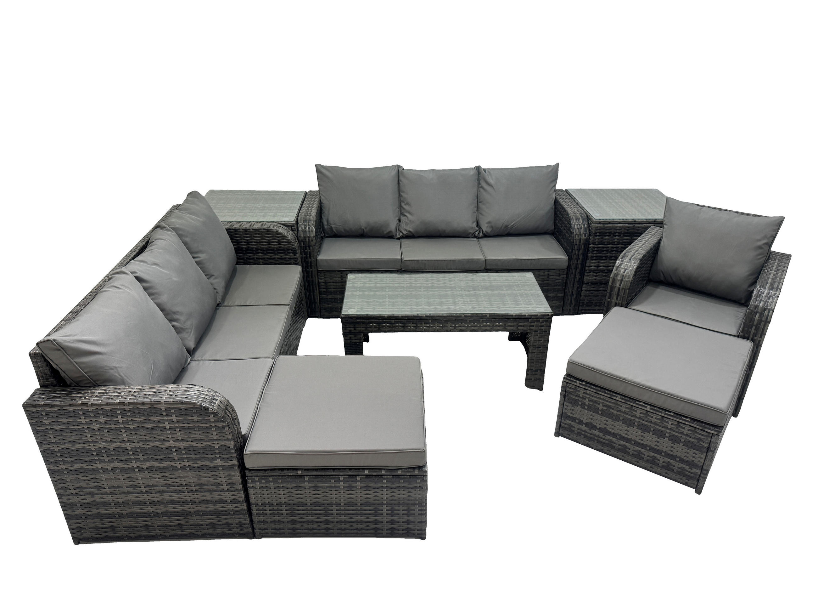GARTENSOFA SET mit rechteckigem COUCHTISCH Polyrattan 9-Sitzer Dunkelgrau - Dunkelgrau/Grau, Glas/Kunststoff - Fimous