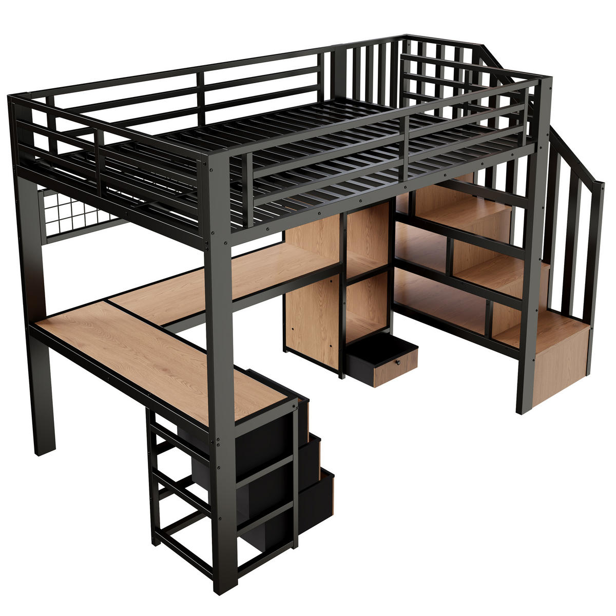 HOCHBETT 90/200 cm in Schwarz Kinderbett mit 4 Schubladen, LED und Schreibtisch - Schwarz, Holzwerkstoff/Metall (90/200cm) - STILVORA