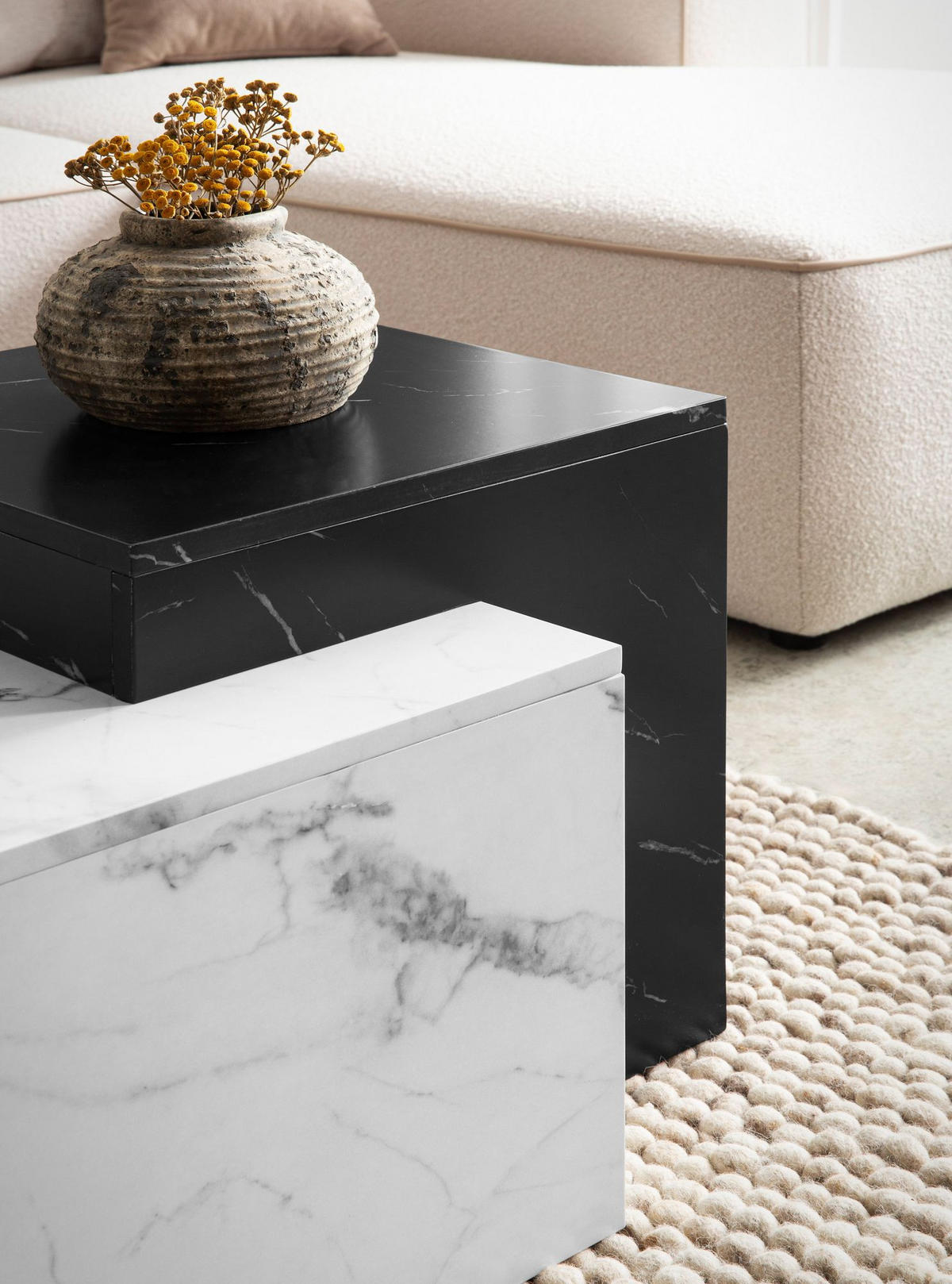 COUCHTISCH Weiß Schwarz Marmor-Optik Modern 120x60x40 cm Zwei Ebenen - Weiß, Holzwerkstoff (60/120/40cm) - KADIMA DESIGN