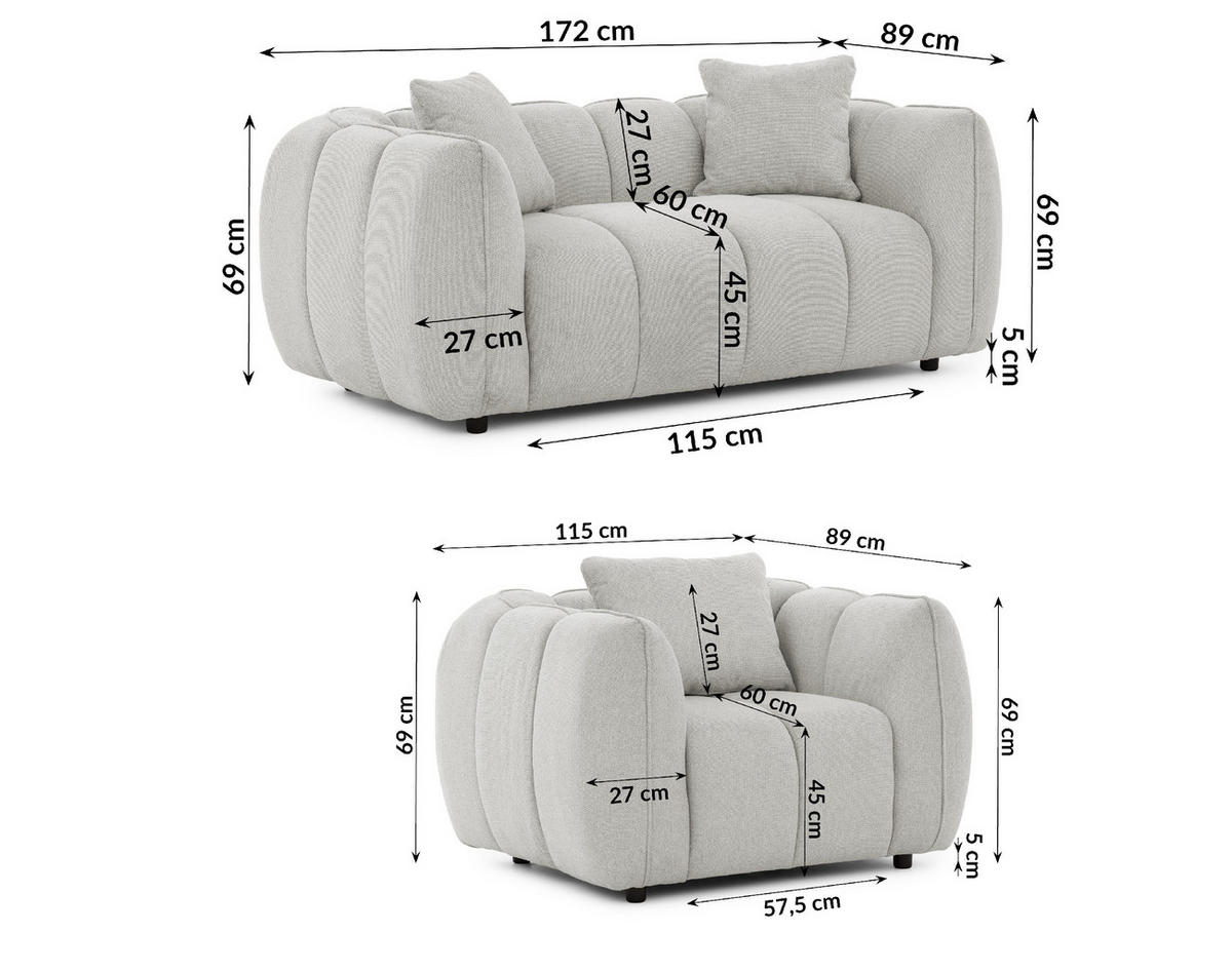 SITZGARNITUR 2+1 Nubira in tief gesteppter Bubble-Optik aus weichem Hellgrau Strukturstoff im modernen Design - Hellgrau/Schwarz, Holz/Kunststoff (172/69/89cm) - S-Style Möbel