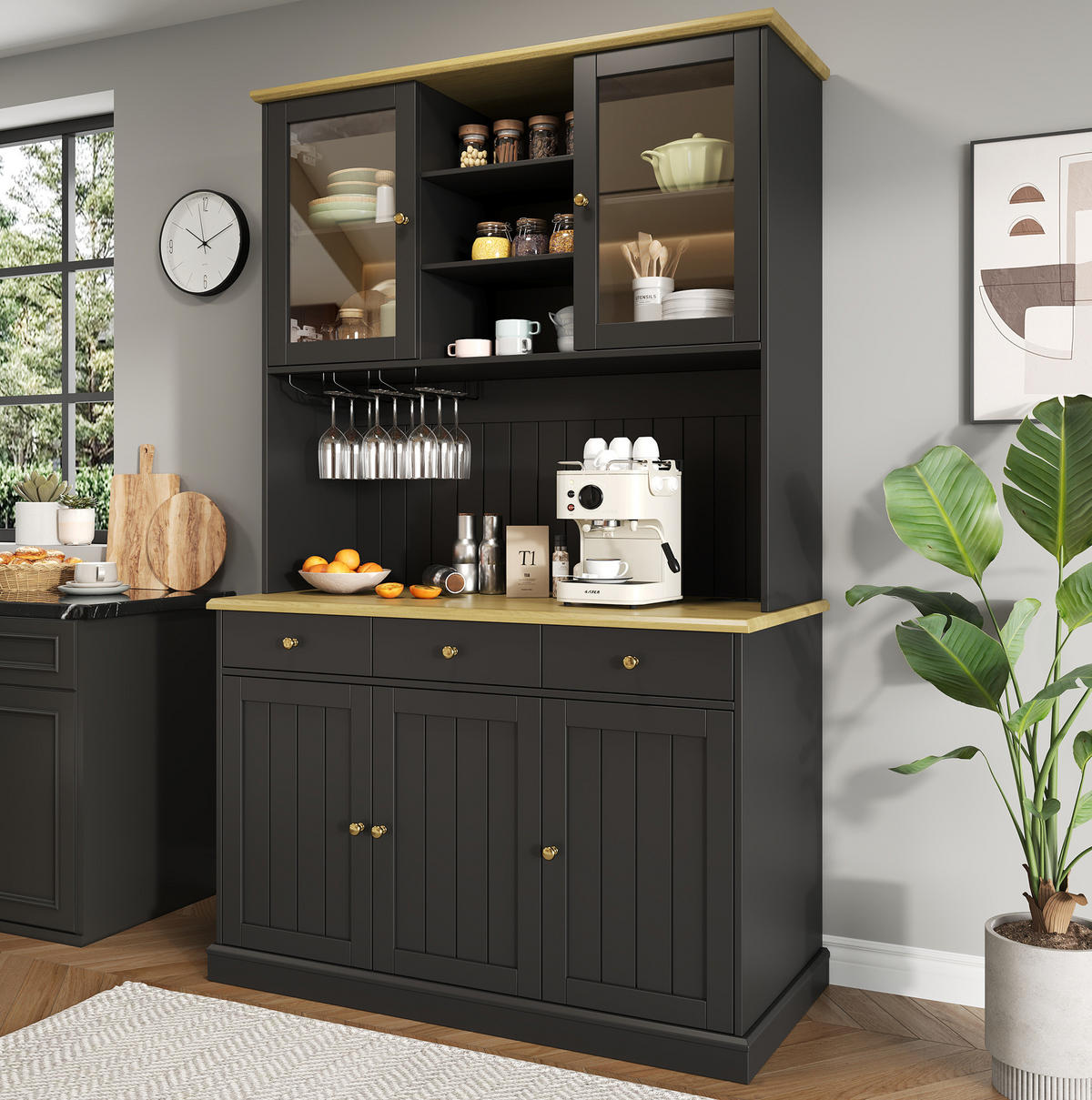BUFFETSCHRANK mit Glastüren 120 x 40 x 191 cm MDF Schwarz mit Steckdosen - Schwarz, Holzwerkstoff (40/191/120cm) - Meubliv