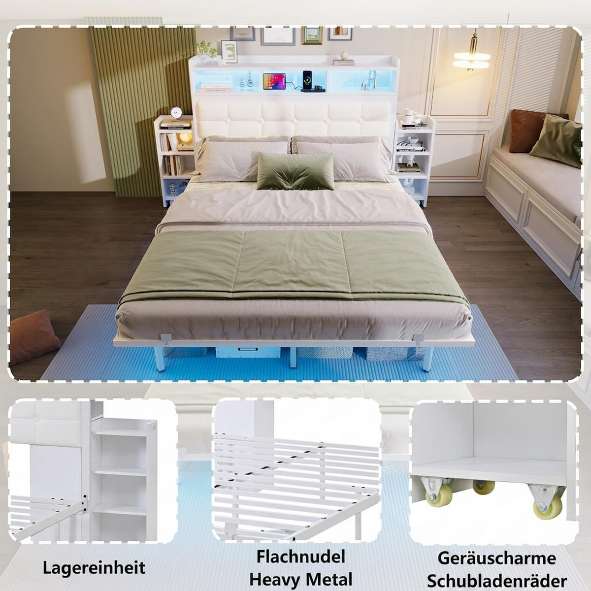 METALLBETT 140/190 cm Weiß mit 2 ausziehbaren Nachttischen, LED und Ablagefächern - Weiß, Metall (140/190cm) - Oxeza