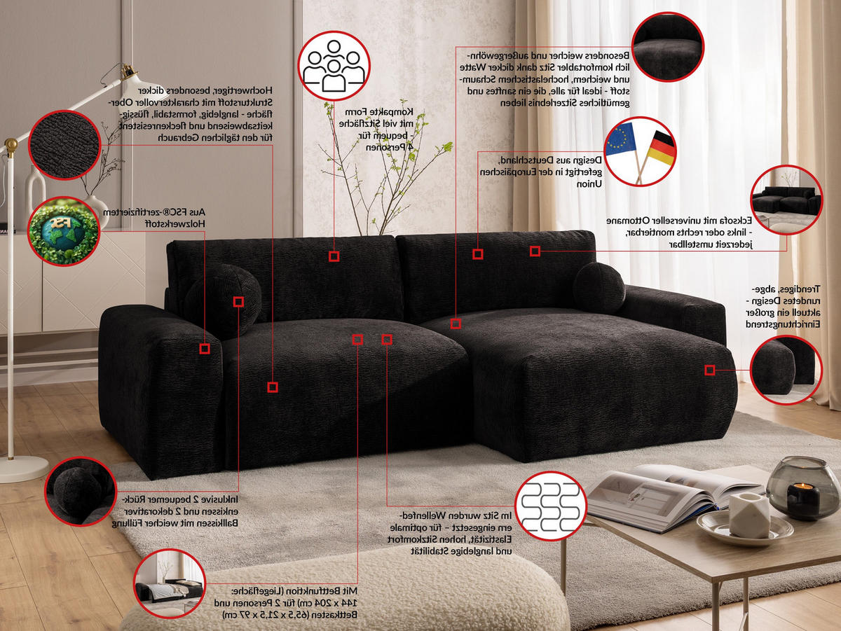 ECKSOFA Puffy mit Schlaffunktion und Bettkasten - besonders weich und puffig aus Braun Stoff mit Chenillestruktur - Ottomane rechts - Schwarz/Braun, Holz/Kunststoff (266/138cm) - S-Style Möbel