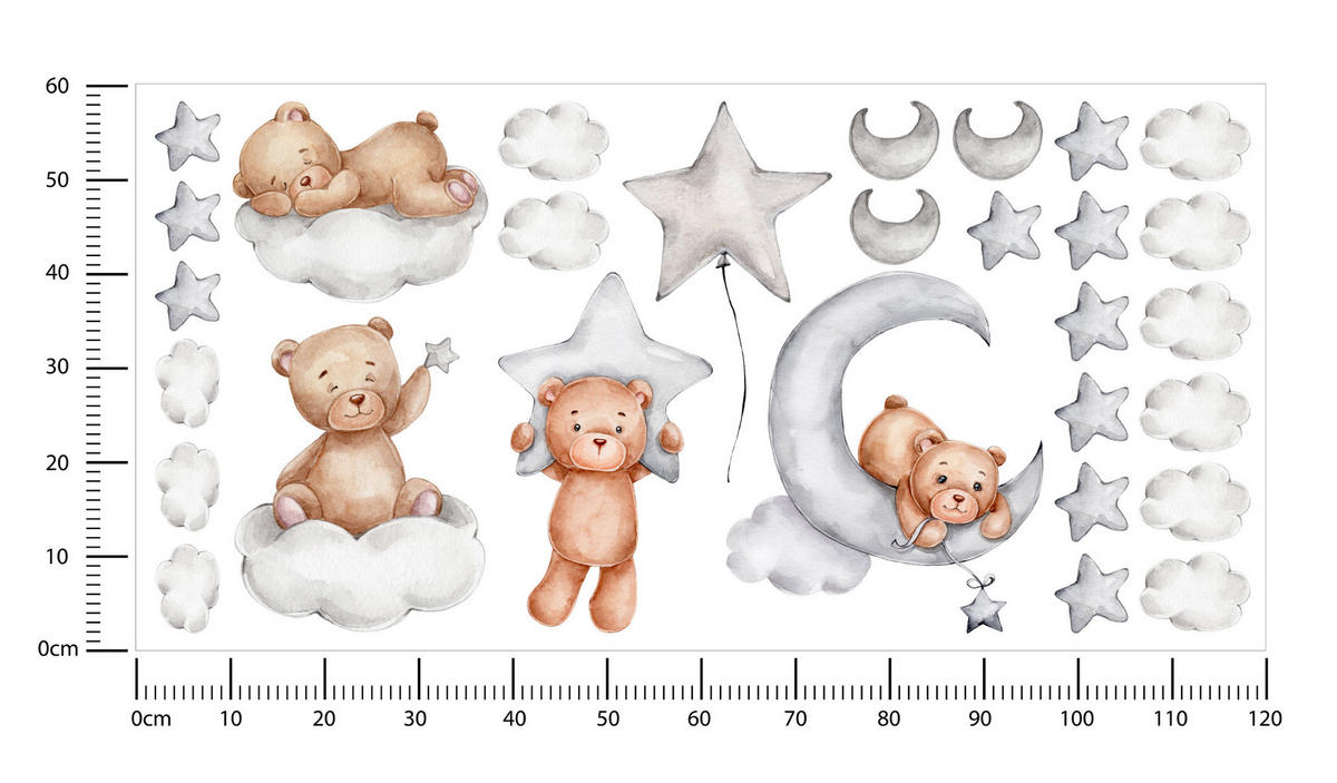 WANDSTICKER SET Teddybären Wolken Sterne Monde 120x60 - Beige/Braun, Papier (120/60/1cm) - Muralo