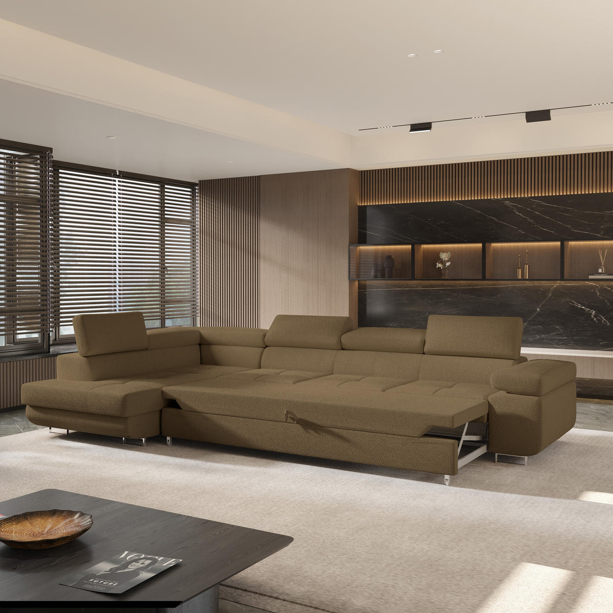 ECKSOFA VICENTE Orange Boucle-Stoff mit Schlaffunktion - Orange, Holz (346/202cm) - MASSENO