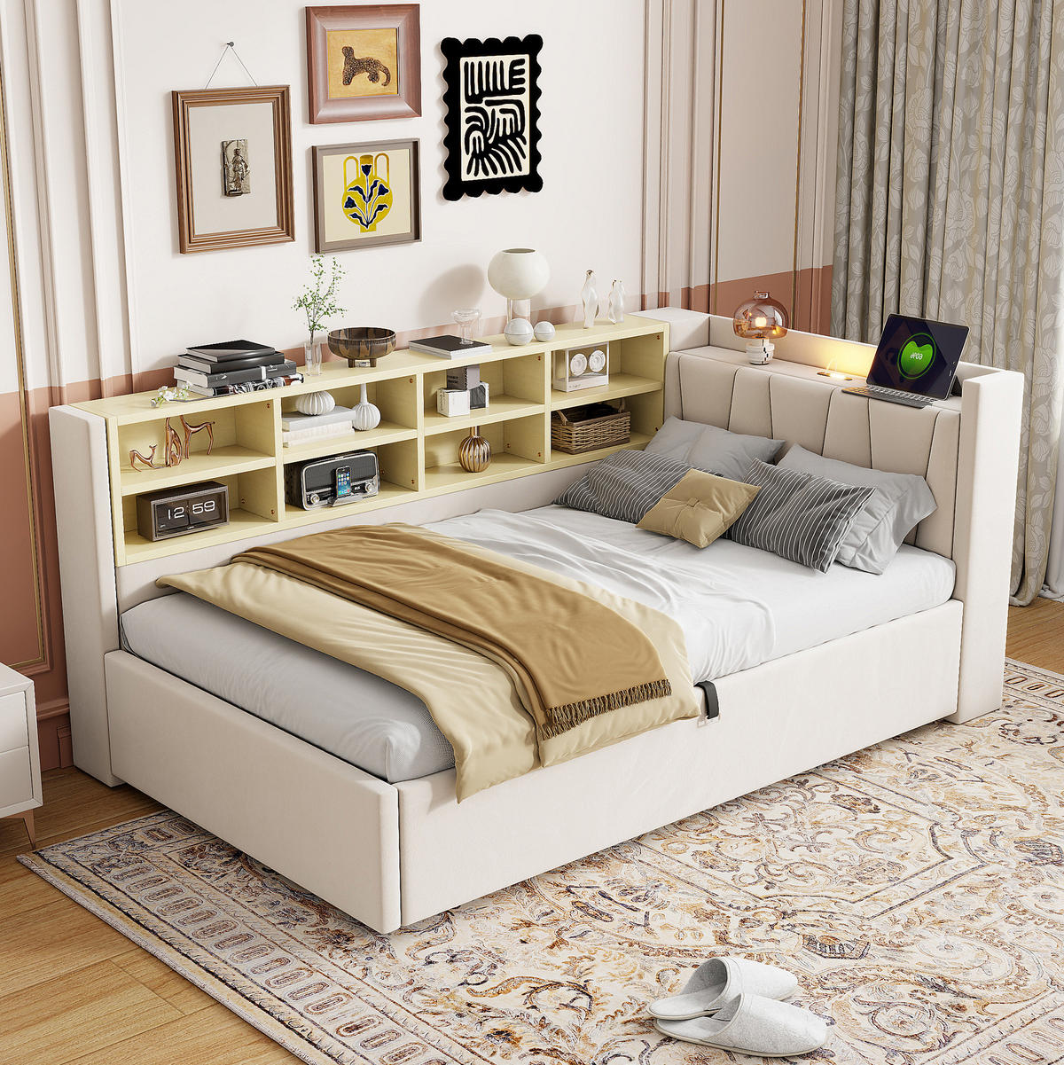 POLSTERBETT 90/200 cm in Beige mit Stauraum und USB- und Type-C-Anschlüssen - Beige, Textil (90/200cm) - Flora Grace