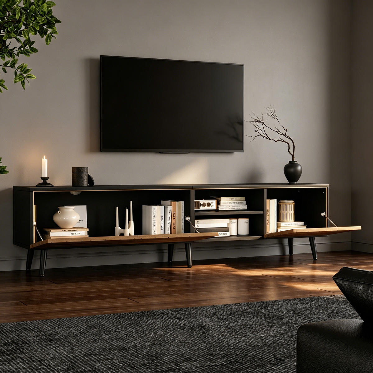 LOWBOARD in Holzfarbe TV-Ständer mit geräuschlosen Scharnieren für Wohnzimmer, B180/T33,5/H45 cm - Schwarz/Naturfarben, Holzwerkstoff/Metall (180/45/33.5cm) - STILVORA