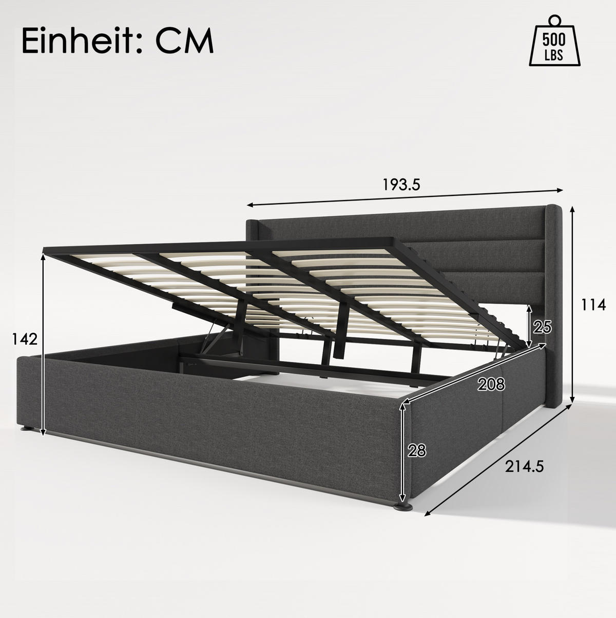 POLSTERBETT 180/200 cm Grau aus Leinen mit Bettkasten - Grau, Textil (180/200cm) - OKMYHOME