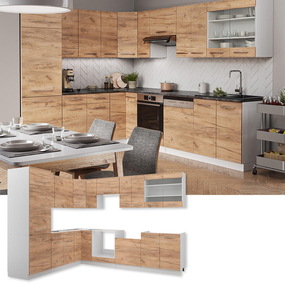 ECKKÜCHE Fame-Line Goldkraft Eiche/Weiß 227 x 60 cm ohne AP - Eiche Wotan/Weiß, Holzwerkstoff (287/81.6/46cm) - Vicco