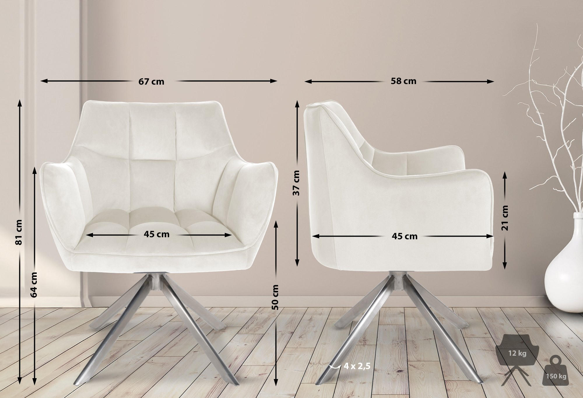 ESSZIMMERSTUHL SWING Samt edelstahl 81x67x58 cm creme Samt Metall - Creme, Textil/Metall (67/81/58cm) - DELUKE