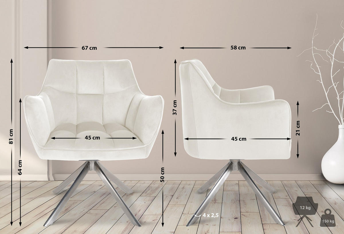 ESSZIMMERSTUHL SWING Samt edelstahl 81x67x58 cm creme Samt Metall - Creme, Textil/Metall (67/81/58cm) - DELUKE