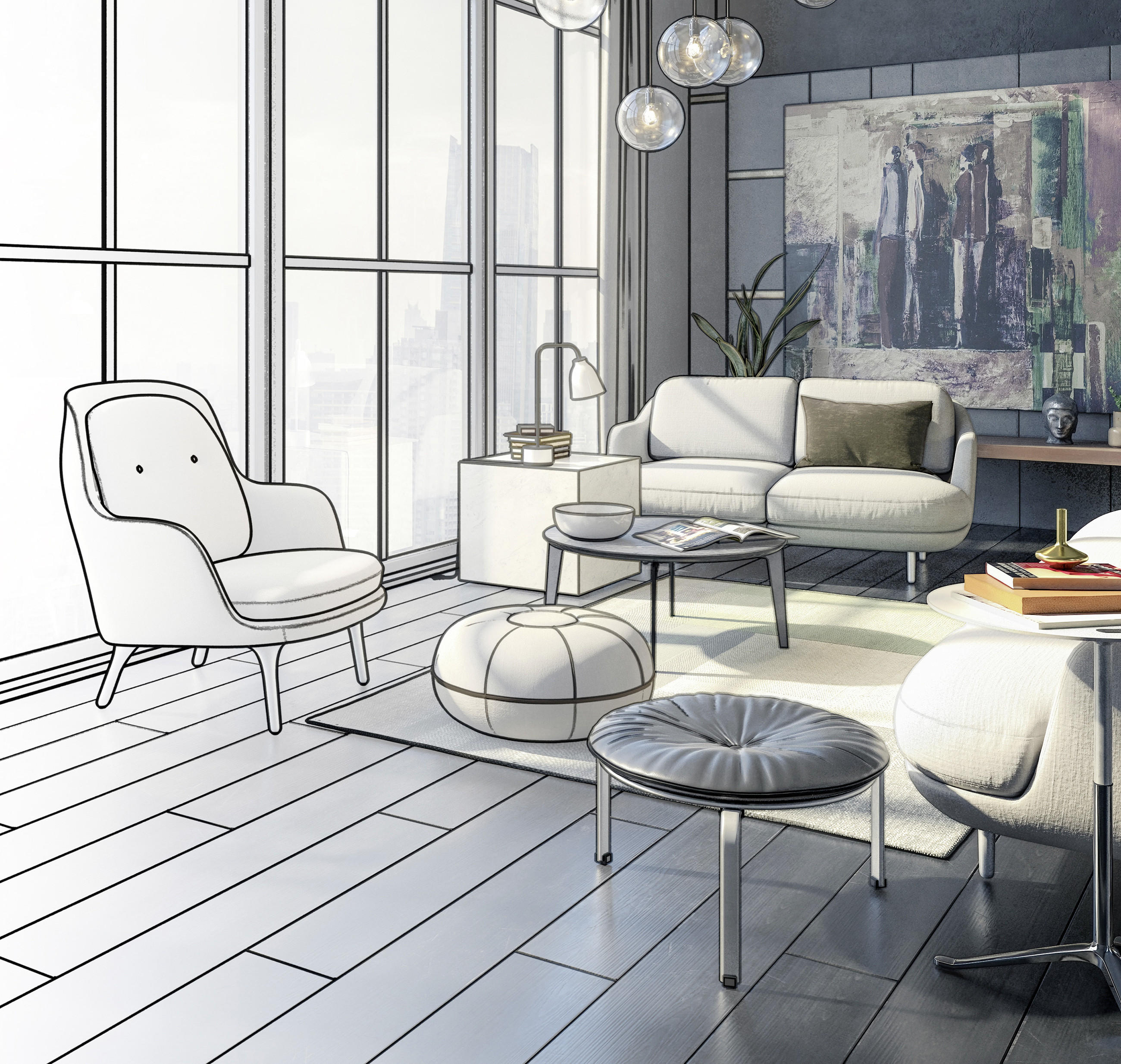 Modernes Wohnzimmer mit fließendem Übergang von fotorealistischer Einrichtung (Sofas, Couchtisch, große Fensterfront) zu einer Schwarz‑Weiß‑Skizze links. Symbolisiert die maßgeschneiderten Einrichtungsideen von Ambiente by Hesse.