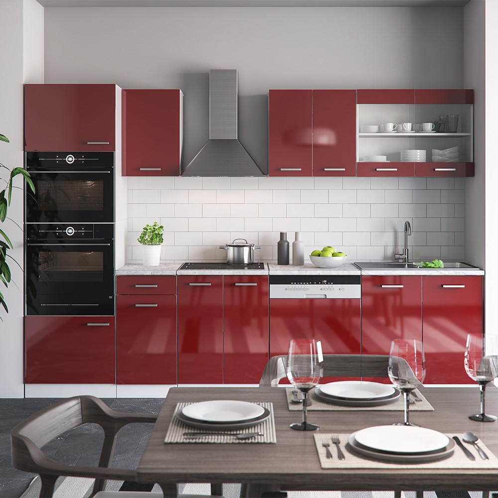 KÜCHENZEILE R-Line Rot Hochglanz/Weiß 300 cm mit Hochschrank, AP Marmor - Rot/Weiß, Holzwerkstoff (300/81.6/60cm) - Vicco
