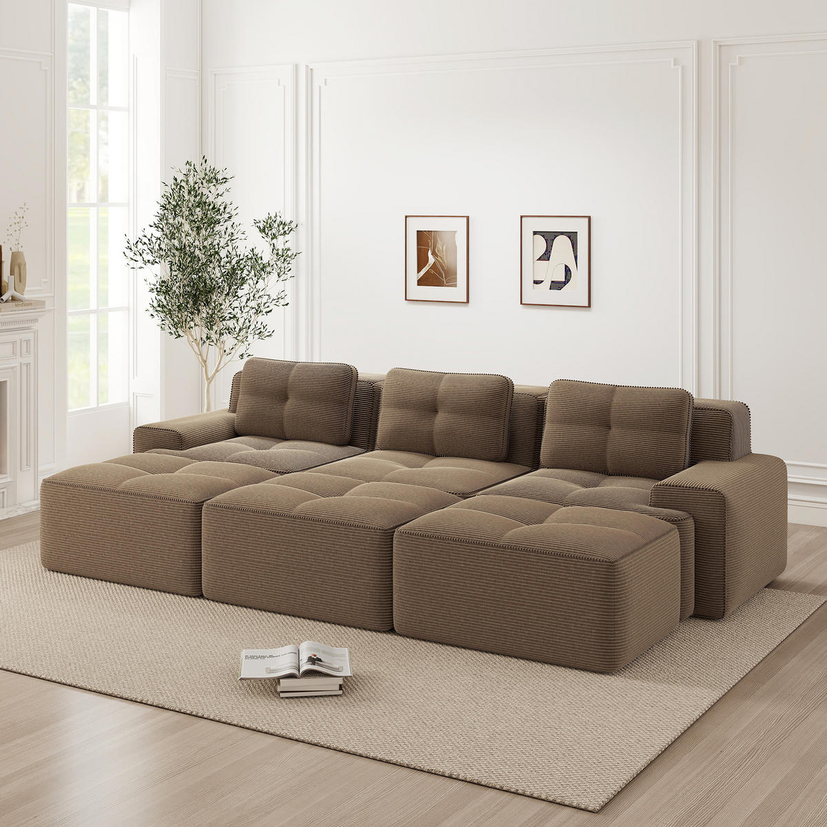 3-SITZER Sofa 293x177x69 cm aus Cordstoff rahmenlos modular mit 3 Hockern, braun - Braun, Textil (177/69/293cm)