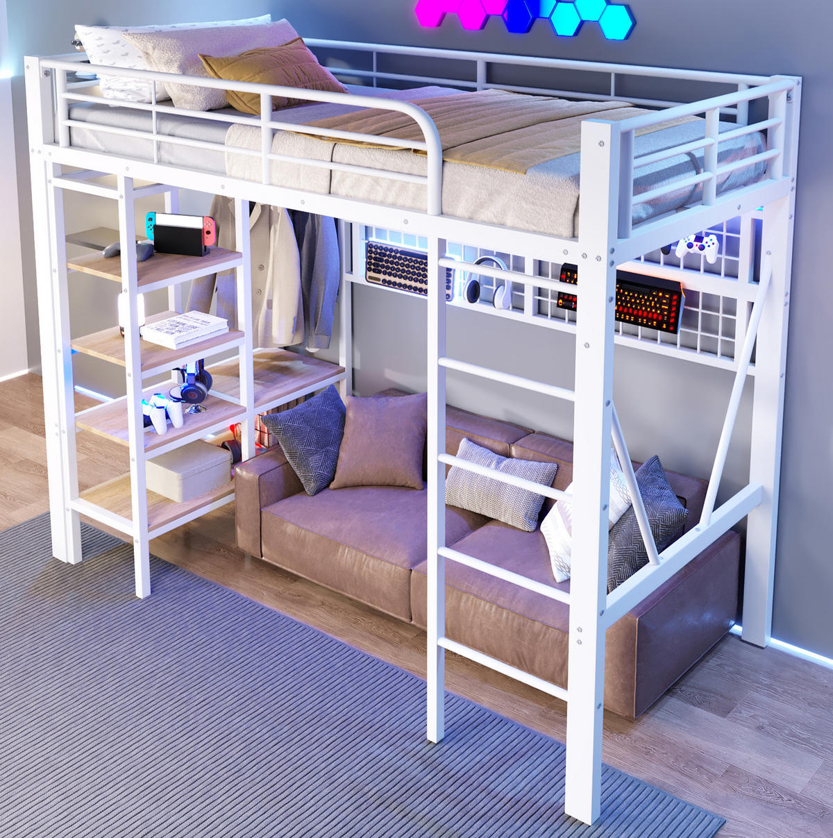 HOCHBETT 90/200 cm aus Metall mit LED-Lichtleiste, Ablagefach, Hängenetz und Kleiderstange, Weiß - Weiß, Metall (90/200cm) - Redom