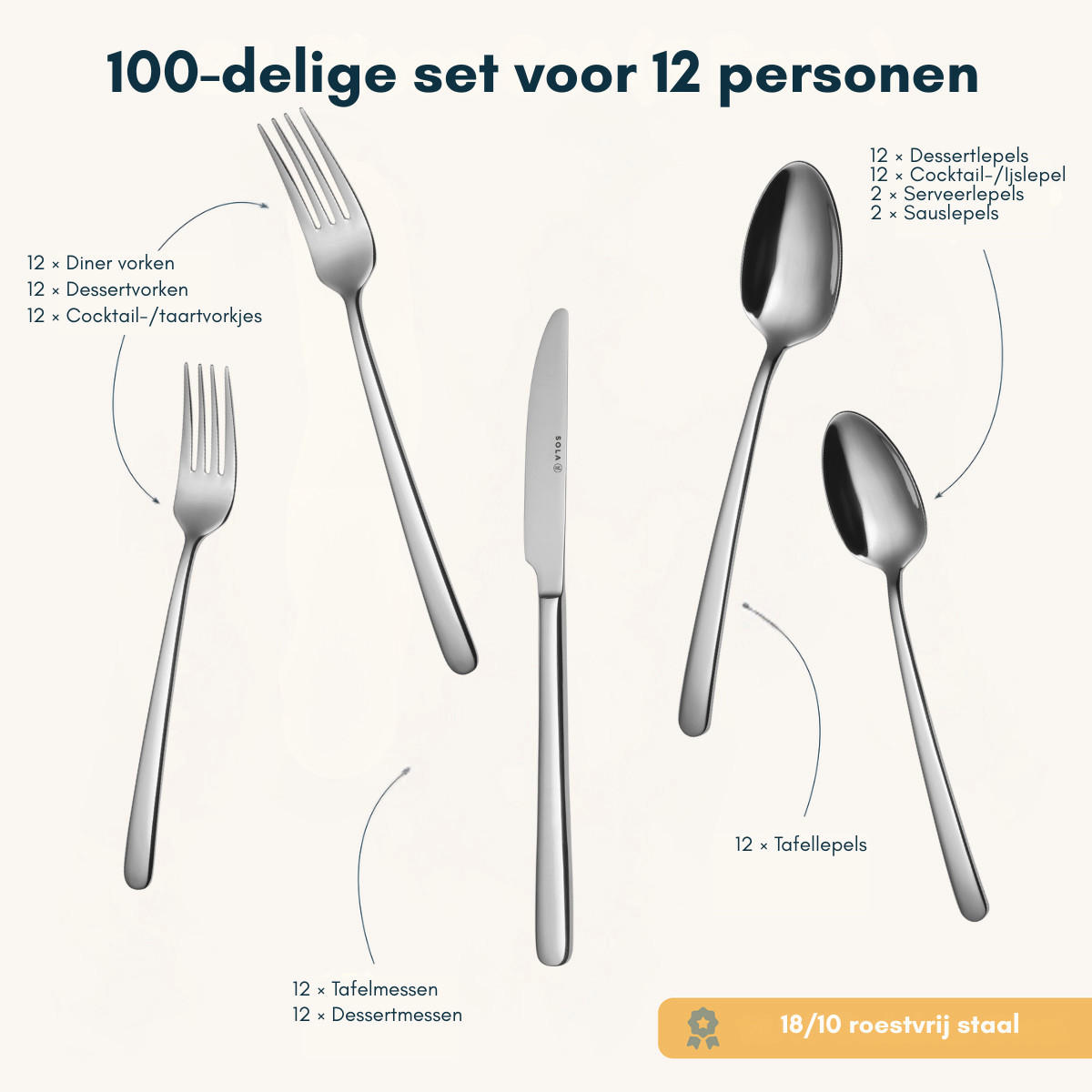 BESTECKSET Donau - 18/10 Edelstahl - 100-teilig / 12 Personen - Silberfarben, Metall - Sola