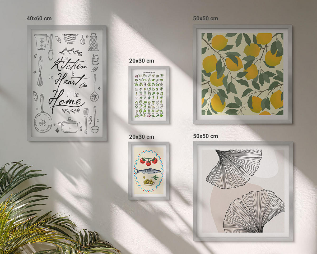 BILDER SET 5er Set - 50x50 cm & 20x30 cm & 40x60 cm Silberner Rahmen - Küchenkräuter-Zitronen-Malerei - Silberfarben, Kunststoff (40/60cm) - TULUP