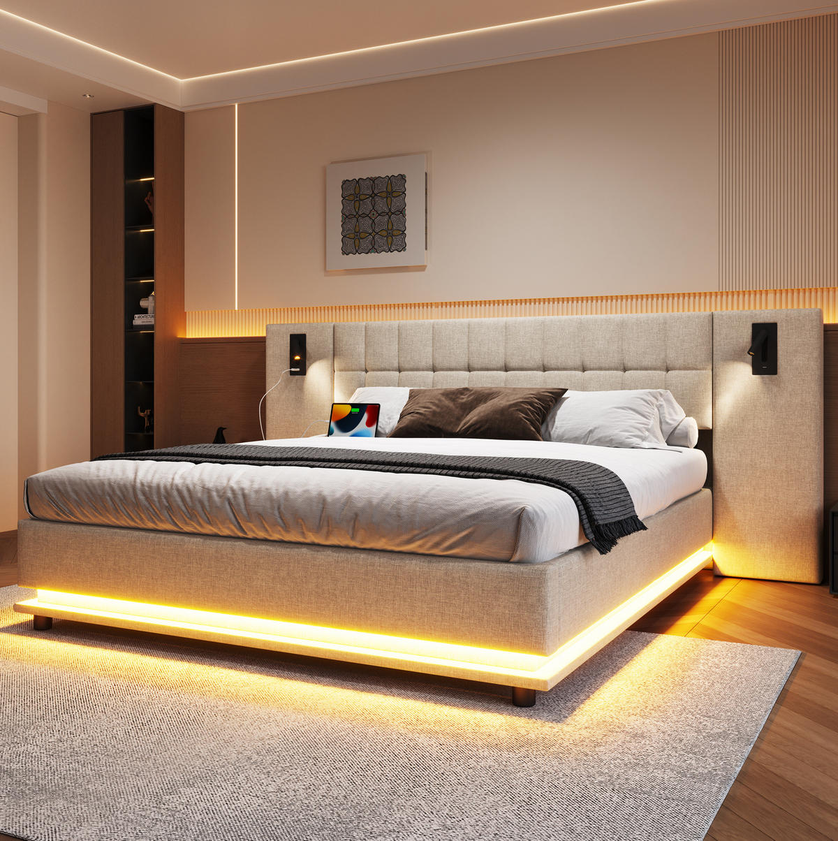 POLSTERBETT 180/200 cm Beige aus Leinen mit LED-Leiste und USB - Beige, Textil (180/200cm) - OKMYHOME