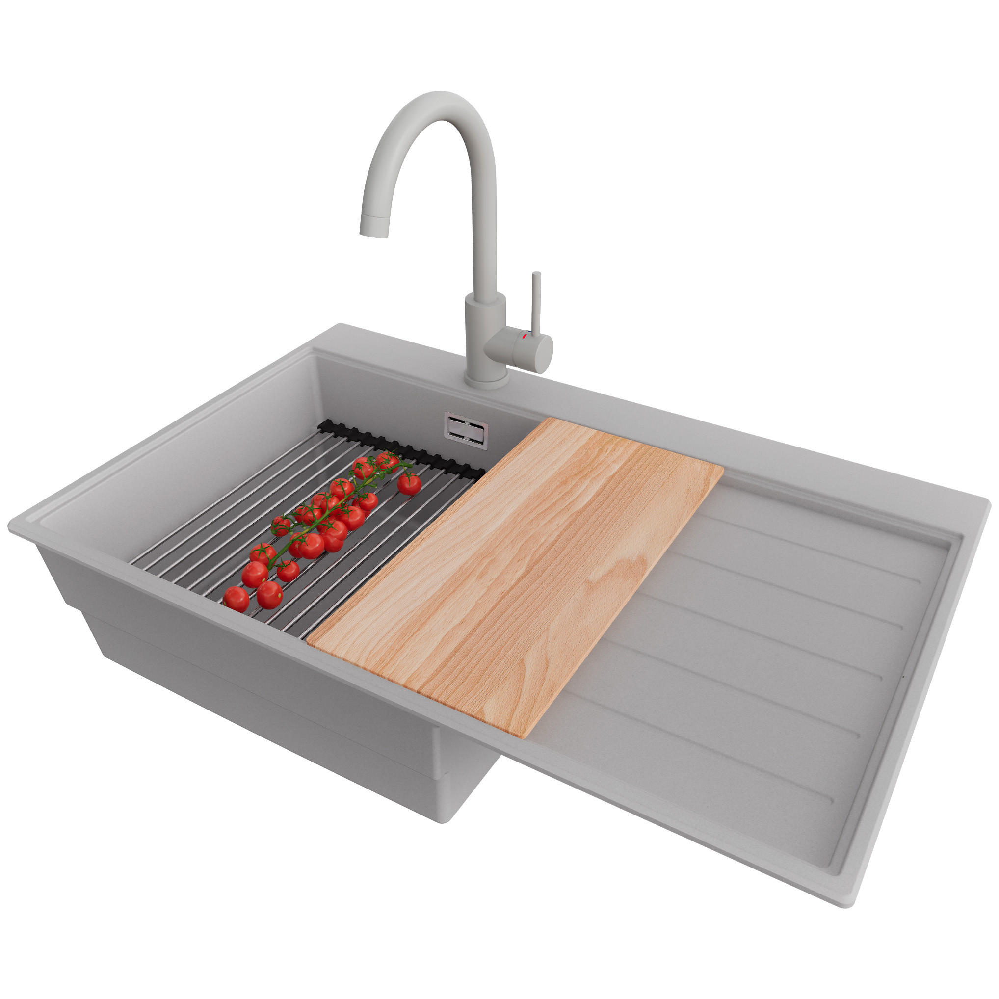 GRANITSPÜLE Sydney, 2-er set Grau 78/50 cm 1 Becken + Küchenarmatur 32/20 cm + Ablauf-Set + Küchenzubehörset ab 50er Unterschrank - Chromfarben/Beige, Kunststoff (78/20/50cm) - Primagran