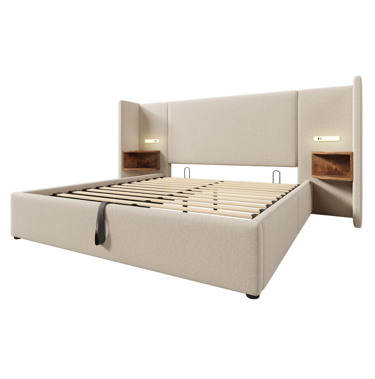 BETT mit Stauraum 160x200 cm Leinen Beige mit Matratze - Beige, Metall (160/200cm) - Meubliv