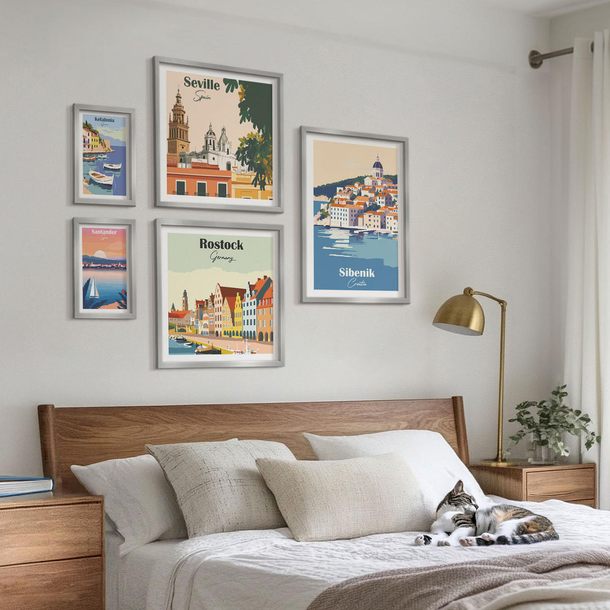 BILDER SET 5er Set - 50x50 cm & 20x30 cm & 40x60 cm Silberner Rahmen - Berglandschaften und Städte - Silberfarben, Kunststoff (40/60cm) - TULUP