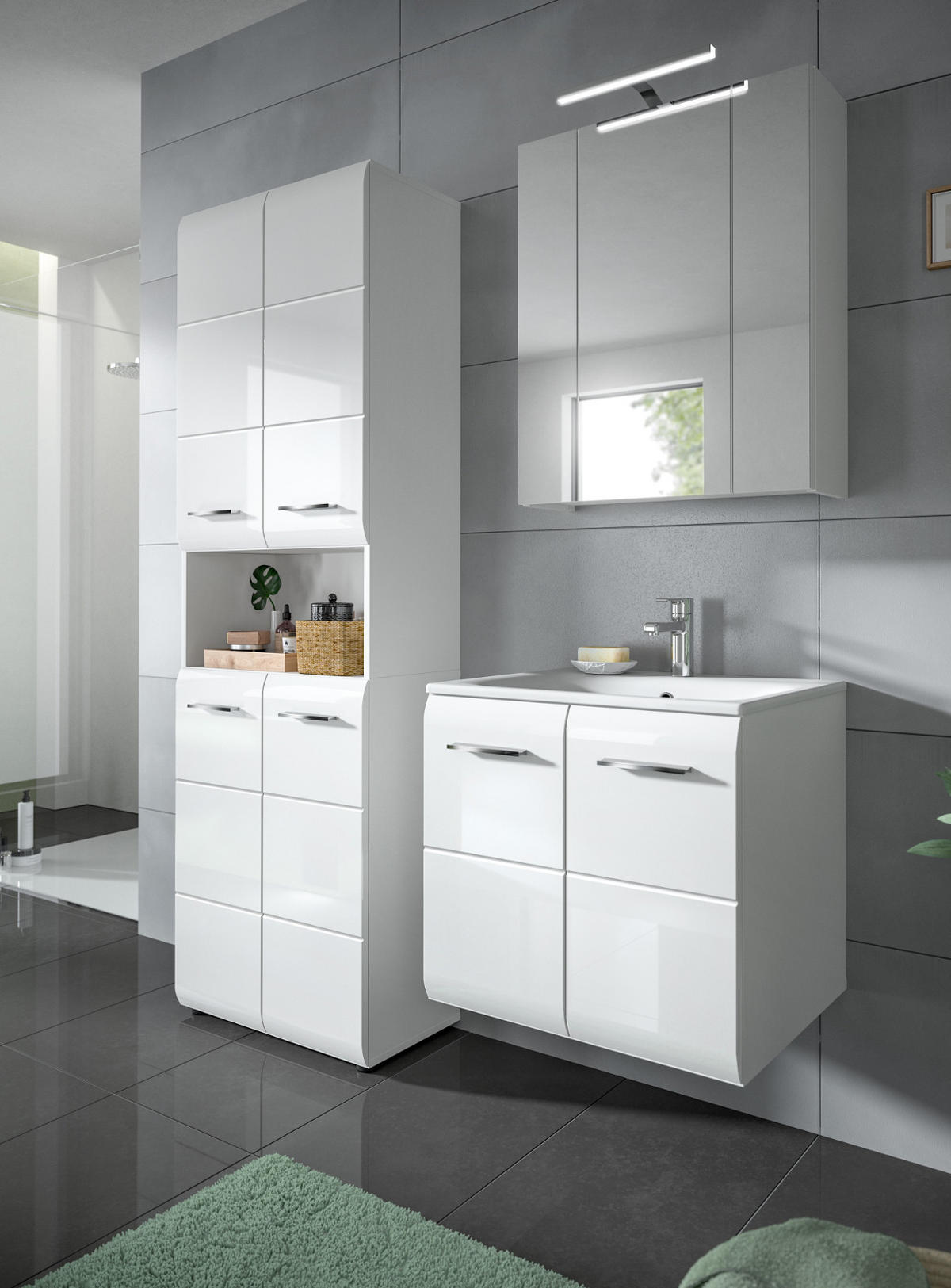 HOCHSCHRANK weiß Hochglanz 180 cm, Badezimmer Schrank mit viel Stauraum - Weiß Hochglanz/Silberfarben, Holzwerkstoff/Kunststoff (180/185/30cm) - Inn.Furn