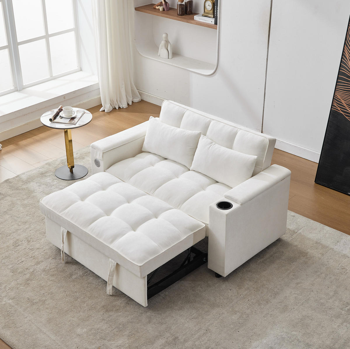 SCHLAFSOFA, Stoff mit USB-Anschluss & verstecktem Tisch, 140,5/74/82 cm, Beige - Beige, Textil (140.5/82/74cm) - Redom