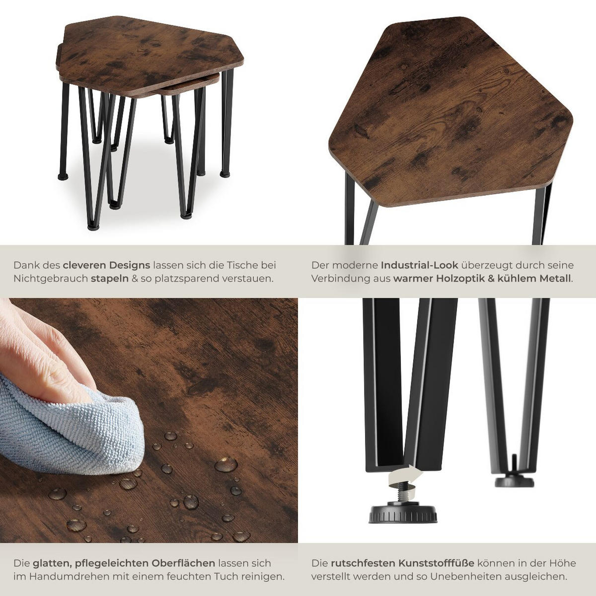 BEISTELLTISCH-SET Torquay,stapelbar,Industrial Holz dunkel, rustikal - Rostfarben, Holzwerkstoff (58.7/52/45.5cm) - tectake