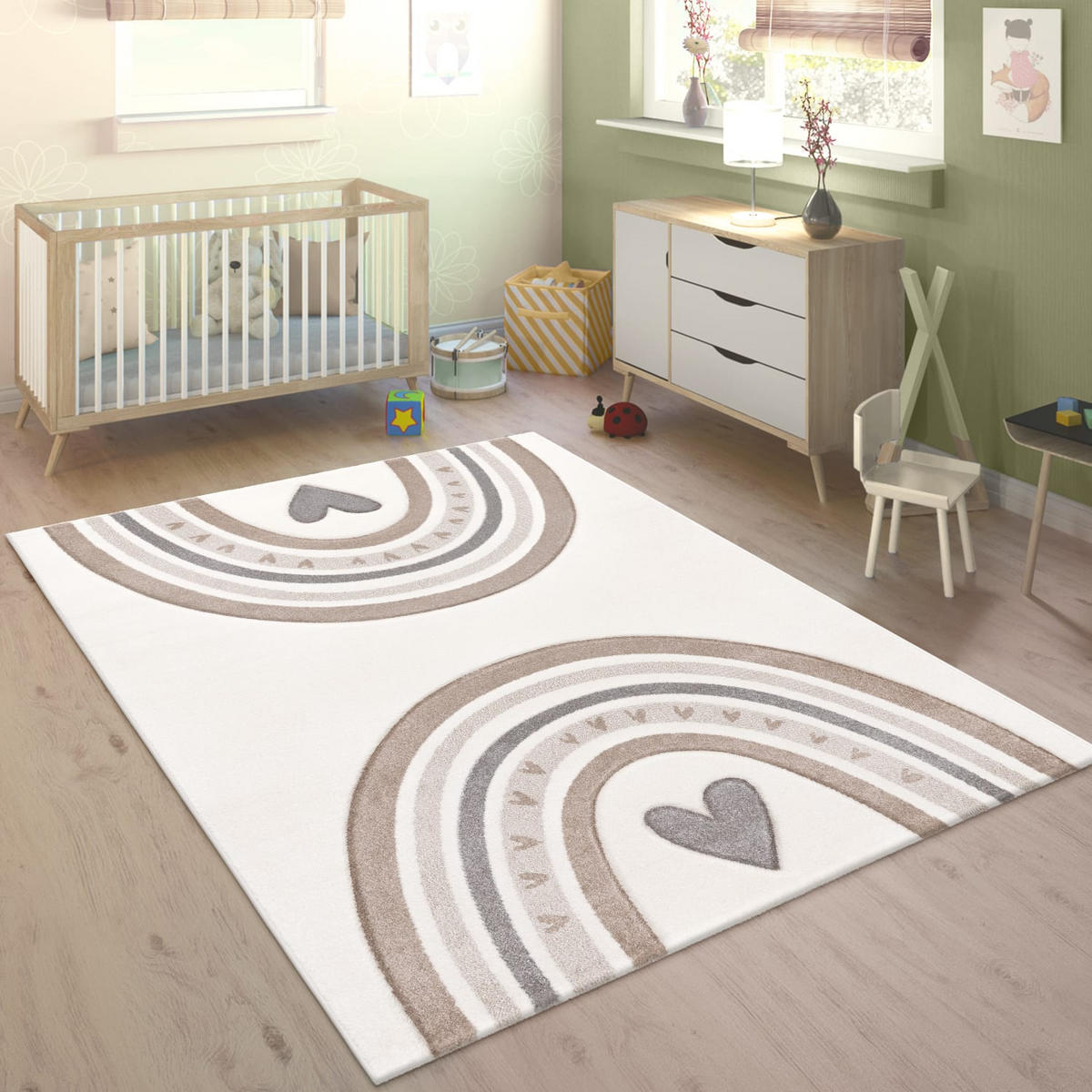 KINDERTEPPICH Regenbogen mit Herz Kinderzimmer schmutzabweisend Beige Läufer 80x150 - Beige, Textil (80/150cm) - KADIMA DESIGN