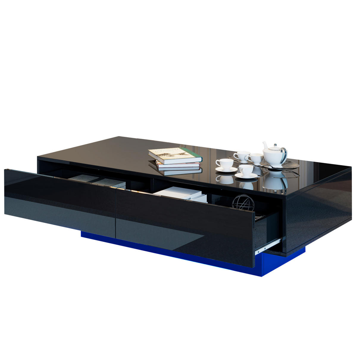 COUCHTISCH 115/55/34 cm schwarz hochglänzend mit 2 Schubladen und LED-Beleuchtung - Schwarz, Holzwerkstoff (115/55/34cm) - OKWISH