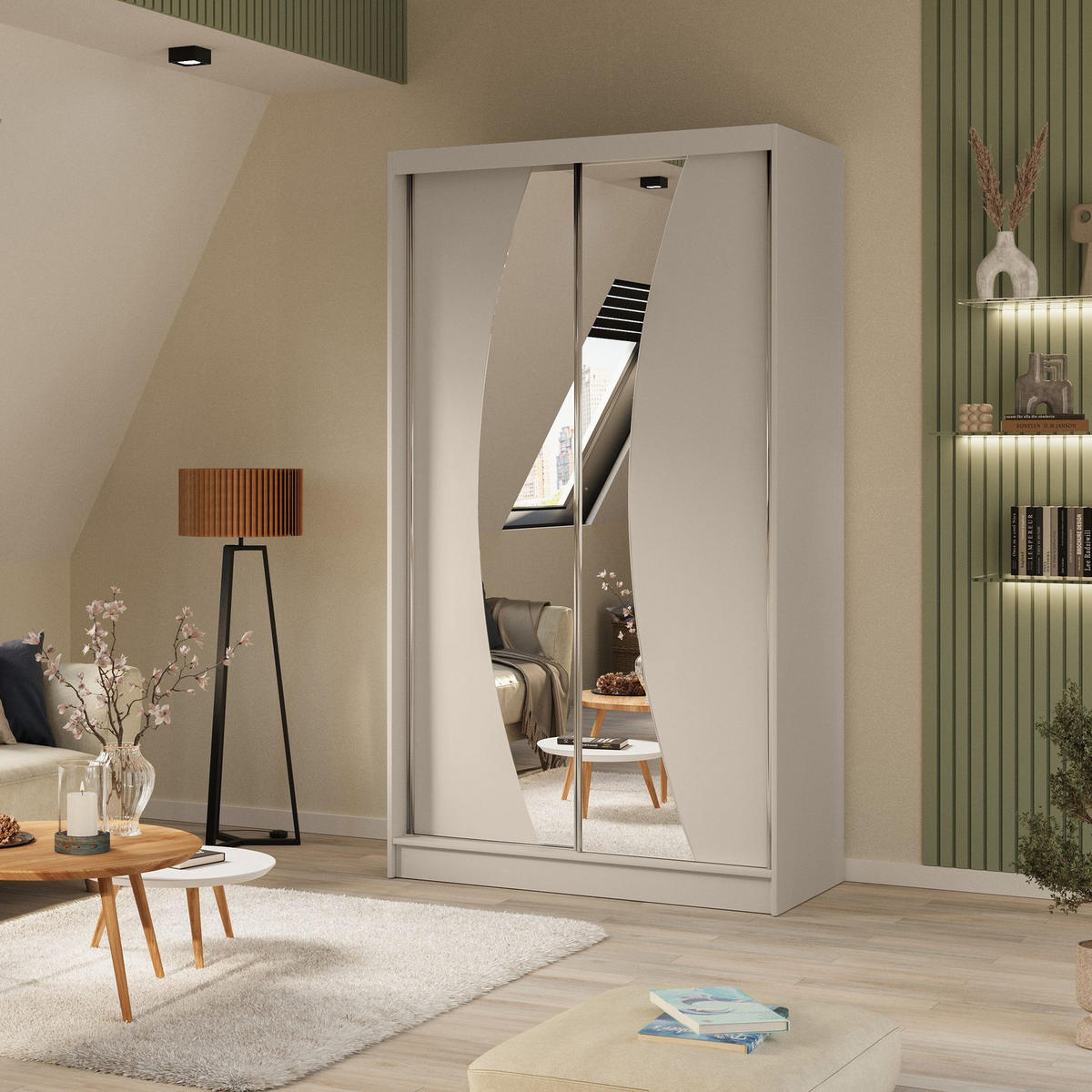 SCHWEBETÜRENSCHRANK Vox 120/216/61 kaschmir mit Spiegel - Kaschmir, Holzwerkstoff (120/216/61cm) - Beautysofa