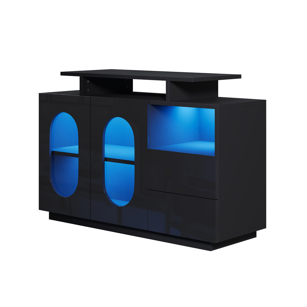 SIDEBOARD aus Holzwerkstoff 120x40x80 cm Schwarz mit LED-Beleuchtung, Glasvitrine und verstellbaren Einlegeböden - Schwarz, Holzwerkstoff (120/80/40cm) - Modfu