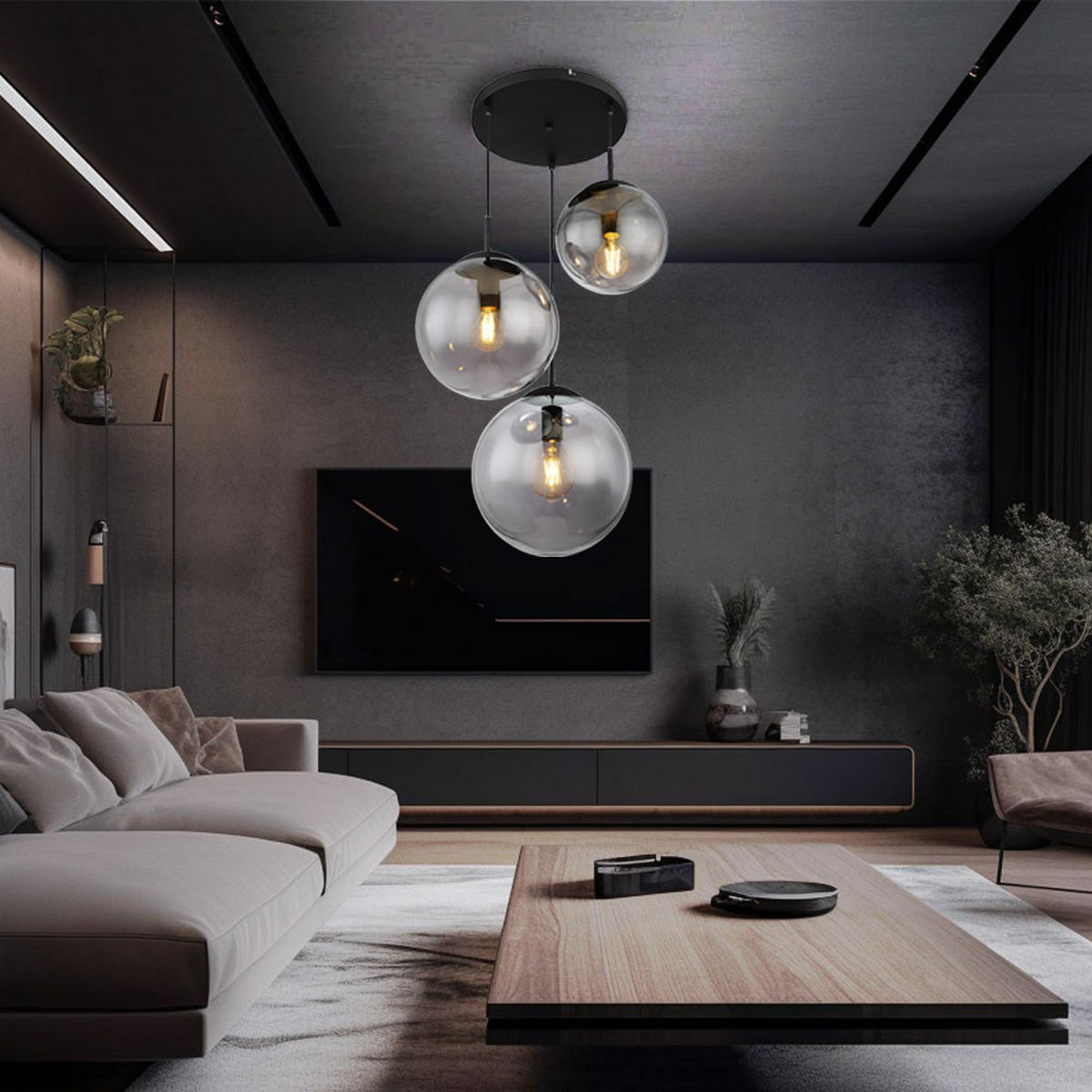 HÄNGELEUCHTE Metall Glas Schwarz Matt 3 Flammig - Schwarz, Glas (52/52/80cm) - Globo Lighting