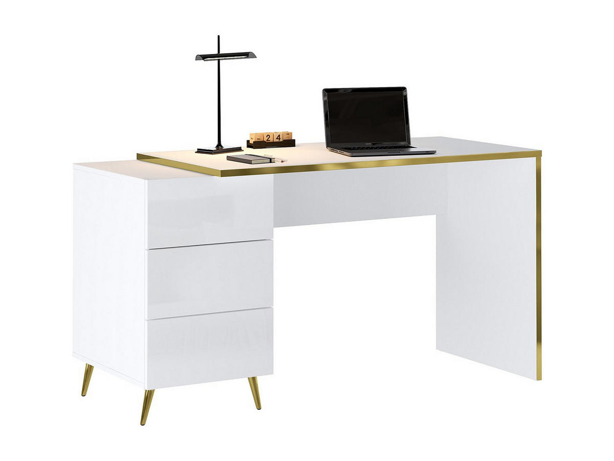 SCHREIBTISCH mit Schubladen - Weiß glänzend & Goldfarben - MARZIALO - Weiß, Holz (59/142.4/75.6cm) - Vente-Unique