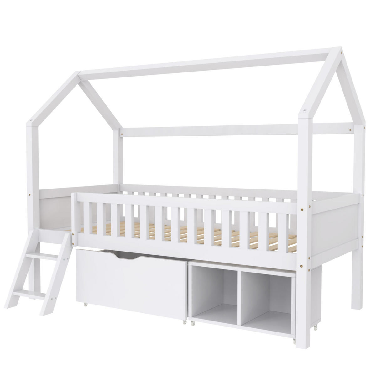 KINDERBETT 90/200 cm im Baumhausstil mit Treppe, Geländer, Schubladen und Schrank aus Kiefern, Weiß - Weiß, Holzwerkstoff (90/200cm) - Redom