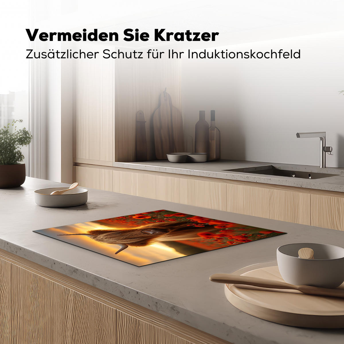 HERDABDECKPLATTE Schottische Highlander - Rosen - Blumenfeld - Sonnenuntergang Herdabdeckung Induktionsfeld 60x52 cm - Rotbraun, Kunststoff (60/52/0.2cm) - MuchoWow