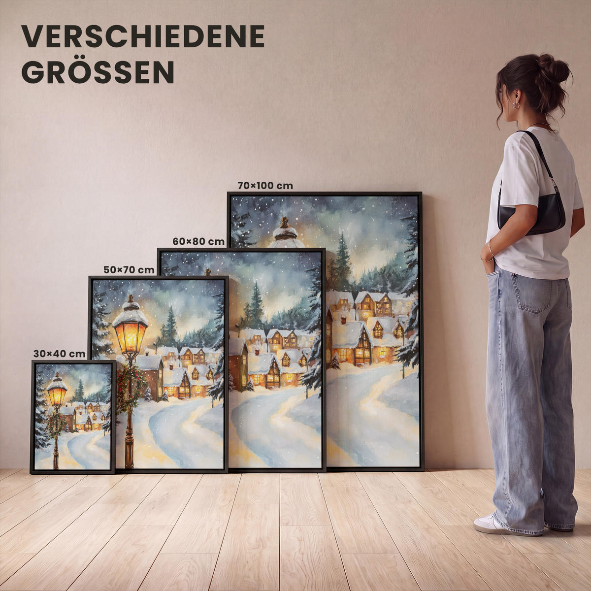 LEINWAND Bilder mit Rahmen - Weihnachtsdorf - Häuser - Schnee - Weihnachten - 60x80 - Sandfarben, Textil (60/80cm) - MuchoWow