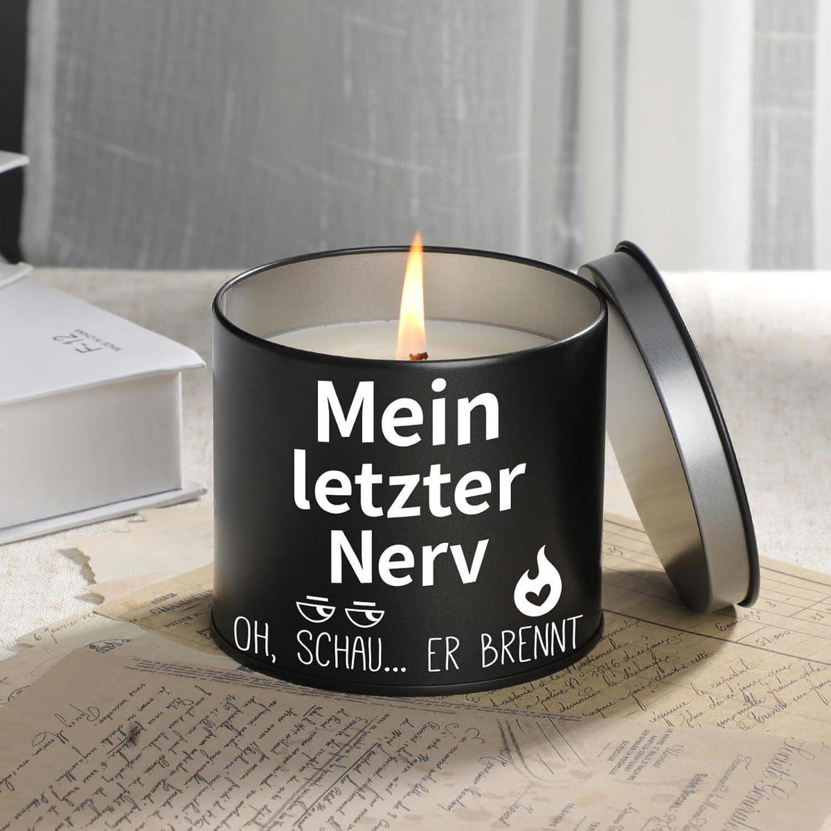 DUFTKERZE Metall Schwarz "Mein letzter Nerv" 9OZ - Schwarz, Paraffin (7.5cm)