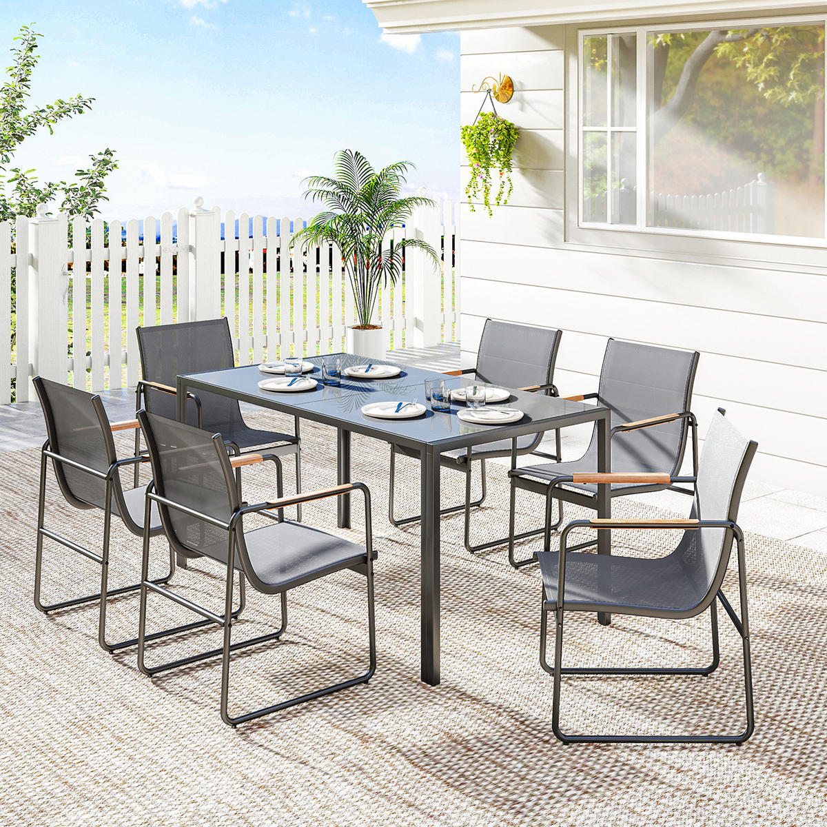 GARTENTISCHGRUPPE DE-18126 7-teilig, mit Mesh-Bezug & Teak-Armlehnen Grau - Grau, Metall - ComfortXL