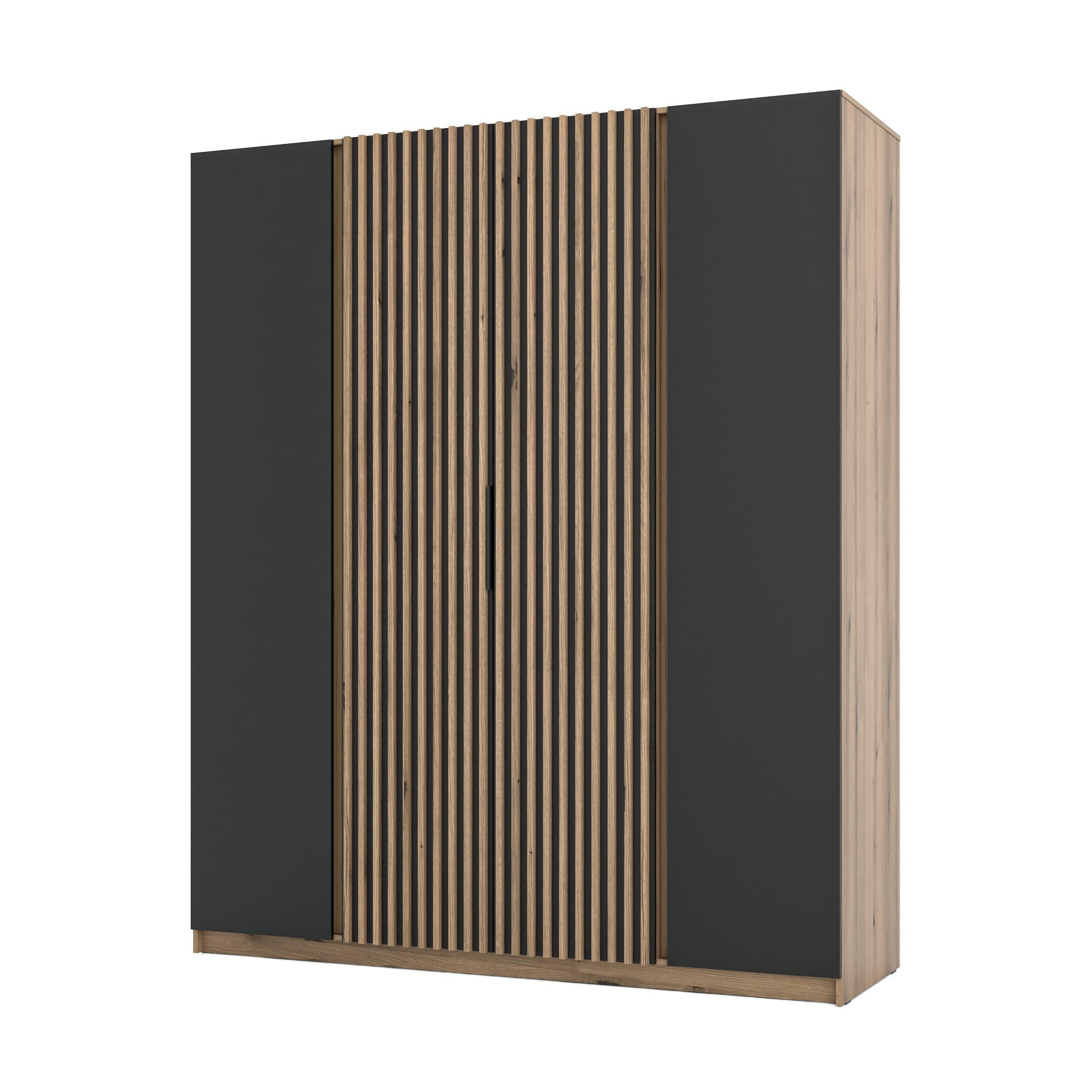 KLEIDERSCHRANK Nehir Korpus Eiche Evoke, Front Schwarz/Eiche Evoke 200 cm - 4T Modern mit 2 Lamellentüren mittig - Eichefarben/Schwarz, Holzwerkstoff/Kunststoff (200/239/61.9cm) - AX Living